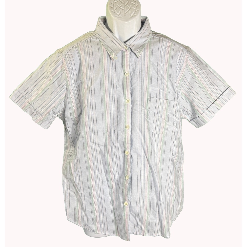 Cabin Creek Button Up Shirt Womens 16 Blue Striped Short Sleeve Cotton Oxford